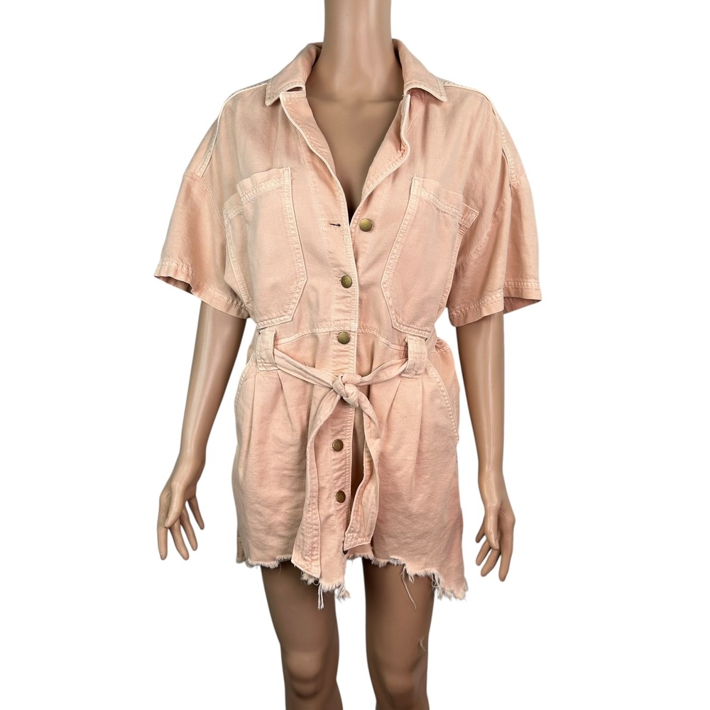 Anthropologie Pilcro Peach Denim Utility‎ Romper MP Button Front Tie Waist